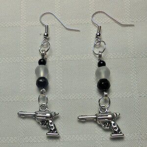 No. 7 Handmade earrings with 3D revolver charms in Tibetan silver